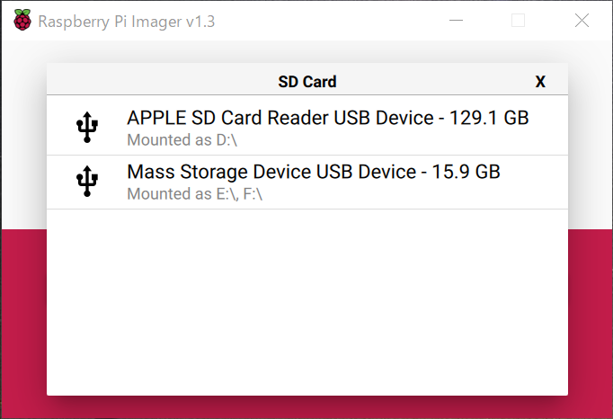 Raspberry Pi imager microSD選択